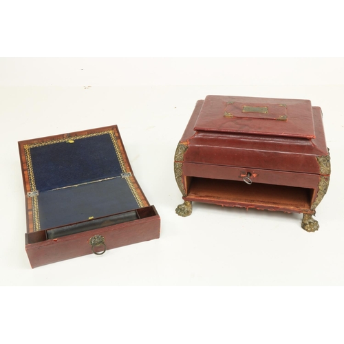 481 - A very unusual Regency period leather bound ladies Sewing Casket, with brass mounts, the hinged top ... 