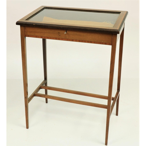 494 - A rectangular mahogany and kingwood banded Curio Display Table, with glazed and hinged top on square... 