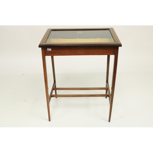 494 - A rectangular mahogany and kingwood banded Curio Display Table, with glazed and hinged top on square... 