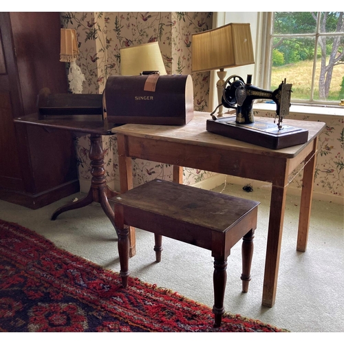 239 - A 19th Century elm tripod Occasional Table, a small pierced cast iron Fender, an old Singer hand Sew... 