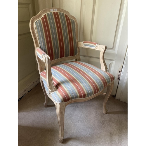 346 - A French style painted beech Fauteuil, covered in candy stripe fabric on front cabriole legs. (... 