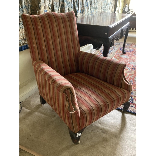 348 - A Victorian walnut Armchair, with padded back, seat and arm rest, covered in attractive candy stripe... 