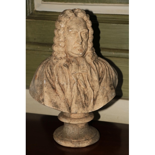 418 - A small late 19th Century chalk Bust, of Dean Jonathan Swift (1667 - 1745), head and shoulders weari... 