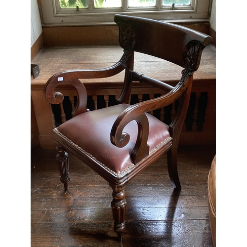 432 - A William IV period carved mahogany Open Armchair, with carved scroll wide bar top rail and conformi... 