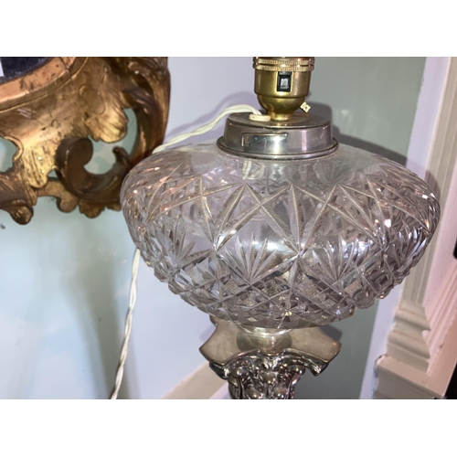 534 - A very heavy and fine quality silver plated Lamp, modelled as a Corinthian column with cutglass bowl... 