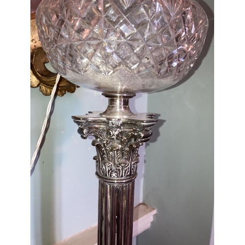 534 - A very heavy and fine quality silver plated Lamp, modelled as a Corinthian column with cutglass bowl... 