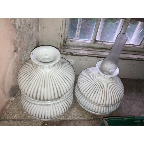 611 - A set of 5 old reeded milk glass Lamp Shades, another glass Lamp Chimney and a small shade, and a bo... 