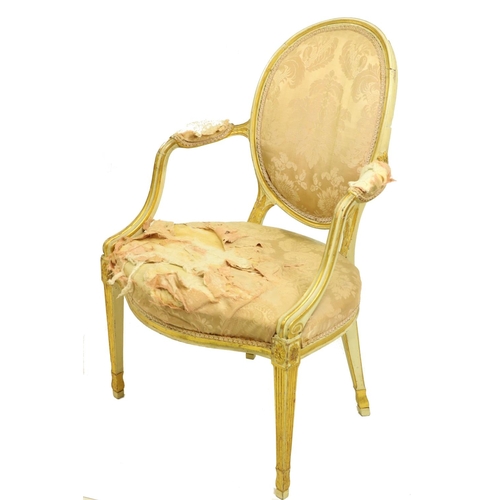 497 - A George III cream painted and parcel gilt Open Armchair, with moulded oval padded back and moulded ... 