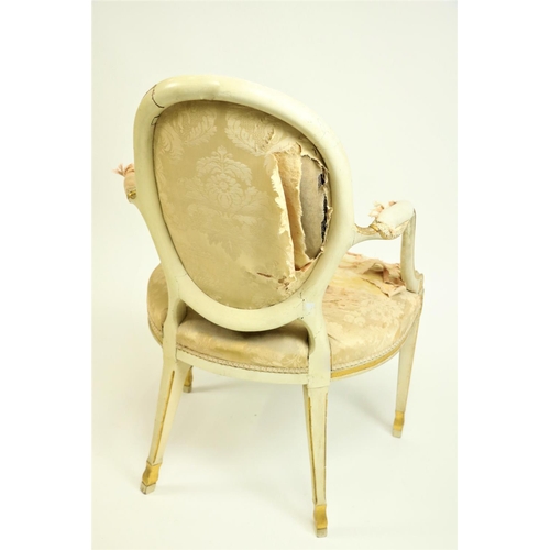 497 - A George III cream painted and parcel gilt Open Armchair, with moulded oval padded back and moulded ... 