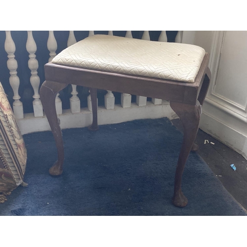 597 - A pair of wooden turned Bed Ends, a Georgian style mahogany Stool on cabriole legs, and a nicely cov... 