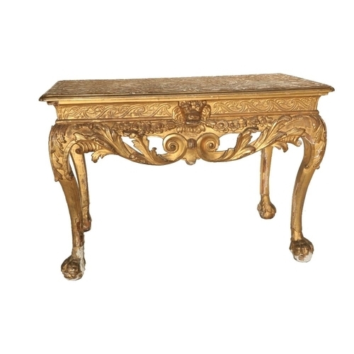 522 - A highly important pair of Irish carved giltwood and gesso Side Tables, c. 1738, each rectangular to... 