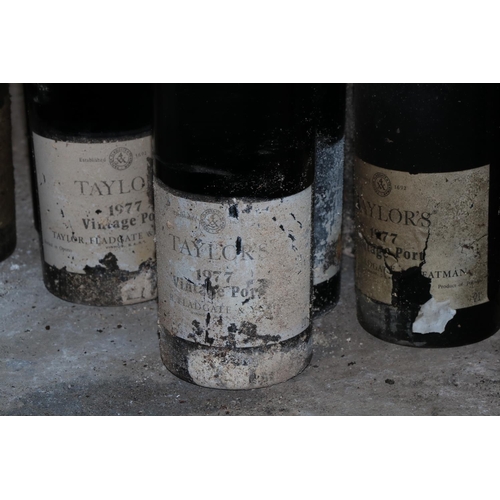 587 - Twelve Bottles of Taylors 1977 Vintage Port, labels worn and damp damage, as a lot, w.a.f. (12)... 