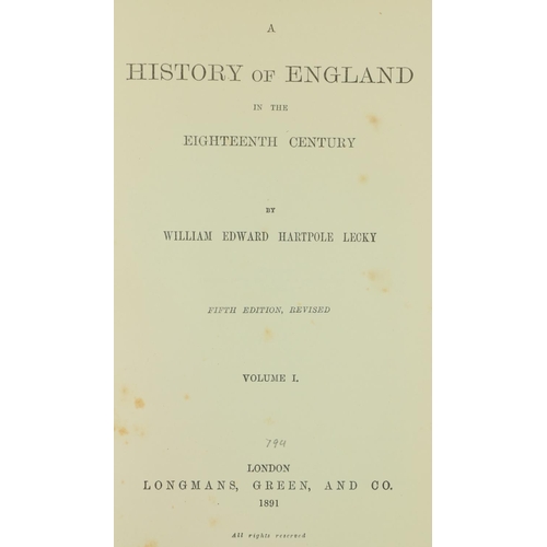 98 - Bindings:  Lecky (Wm. Ed. Hartpole) A History of England, in the Eighteenth Century, 8 vols. roy 8vo... 