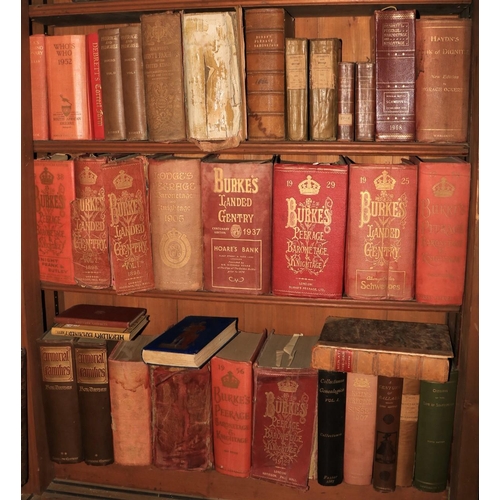 642 - Genealogy: Three shelves, Burke's, Debretts, Lodges etc., approx. 38 vols. varied, and including som... 