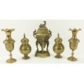 A pierced and embossed Oriental brass Incense Burner and Cover, and two pairs of Benares brass Vases... 