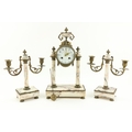 An attractive speckled marble Clock Garniture, the Clock with circular floral decorated enamel dial ... 