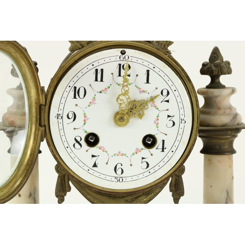 18 - An attractive speckled marble Clock Garniture, the Clock with circular floral decorated enamel dial ... 