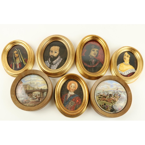 229 - A set of 5 modern oval miniature Portraits, of historical figures, two Prattware Pot Lids framed. (7... 