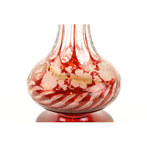 232 - A Bohemian ruby glass and vine engraved Perfume Bottle and stopper, (as is), a cranberry glass Jug a... 