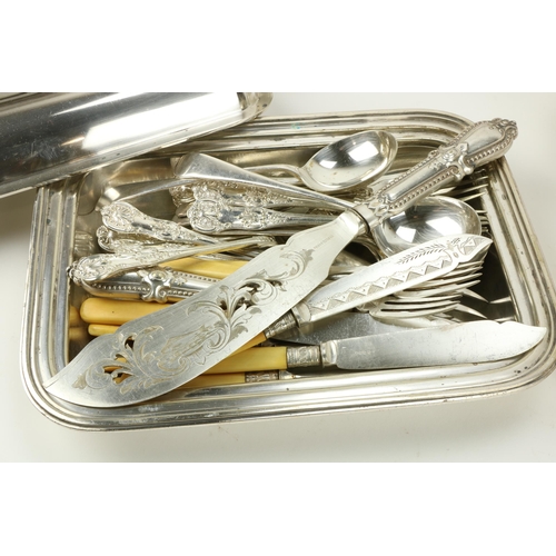 237 - A silver plated Entrée Dish and cover, a plated Condiment Set with glass bottles, and a collection o... 