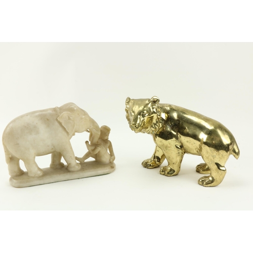 27 - A heavy brass Figure, modelled as a bear; and an early 19th Century Middle Eastern alabaster Carving... 