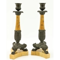 A pair of Regency period bronze and Sienna marble Candlesticks, 28.5cms (11 1/4