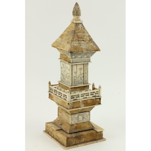 4 - A 19th Century Oriental etched ivory and bone Pagoda Shrine, the upper portion with two carved and p... 