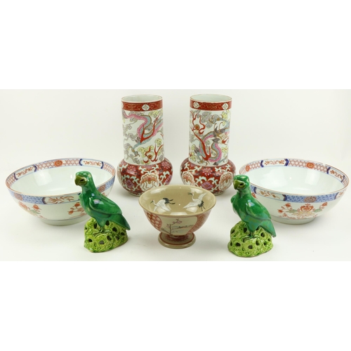 42 - A pair of modern Chinese porcelain Bowls; a pair of Oriental porcelain Vases; a pair of green porcel... 