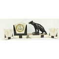 An attractive art Deco marble Clock Garniture, surmounted with a bronze brown bear, painted dial, an... 