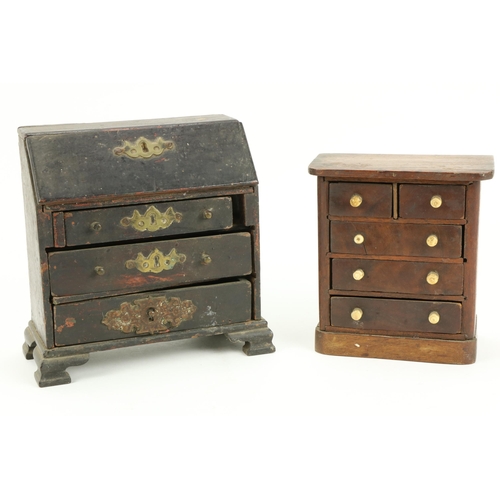 53 - Two 19th Century mahogany Apprentice Pieces, a drop front Bureau, three drawers on ogee bracket feet... 