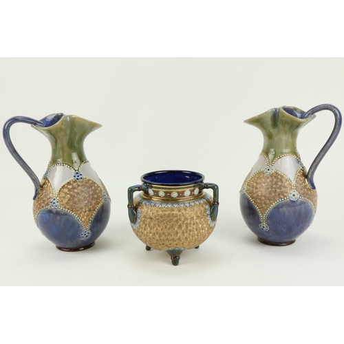 59 - An attractive pair of Doulton Lambeth stoneware Jugs, with blue and green ground and gilt decoration... 