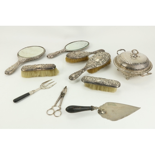 68 - A 7 piece Chester silver Dressing Table Set, with brushes and mirrors and some unusual plated items,... 