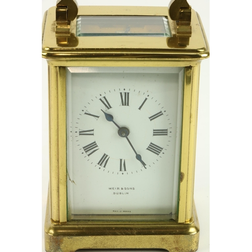 74 - A small brass Carriage Clock, the front enamel dial signed Weir & Sons, Dublin, in original leat... 