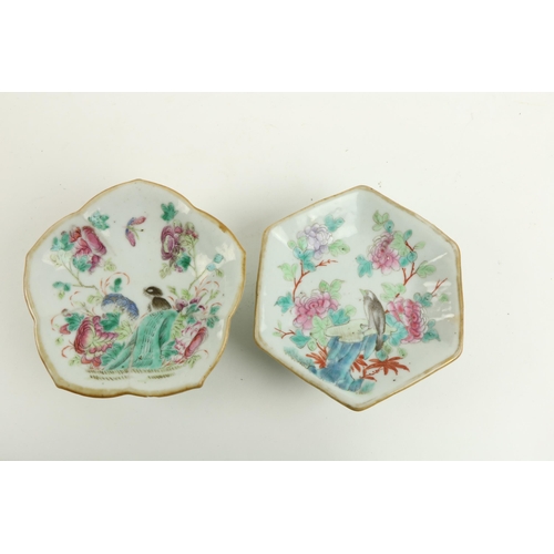 80 - Two small Chinese shaped porcelain Dishes, on circular bases, decorated with flowers and birds, mark... 