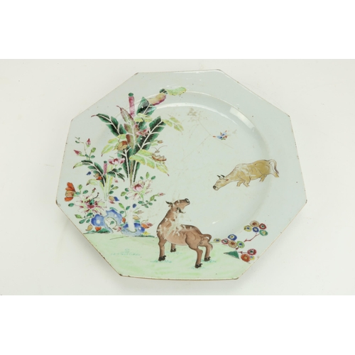 82 - A rare large octagonal Chinese Platter, decorated with two cows, insects and flowers, 35.5cms (14