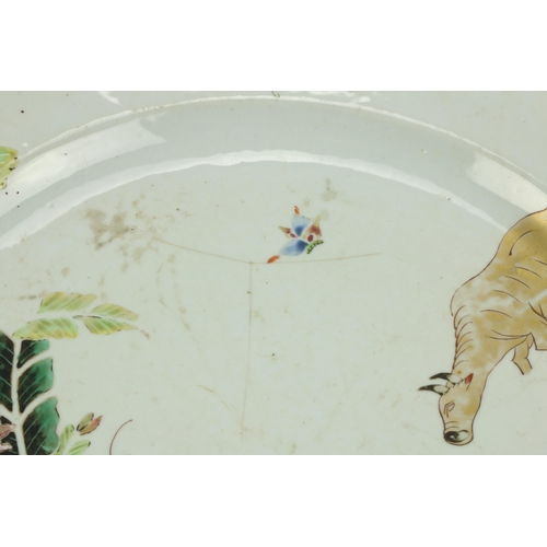 82 - A rare large octagonal Chinese Platter, decorated with two cows, insects and flowers, 35.5cms (14