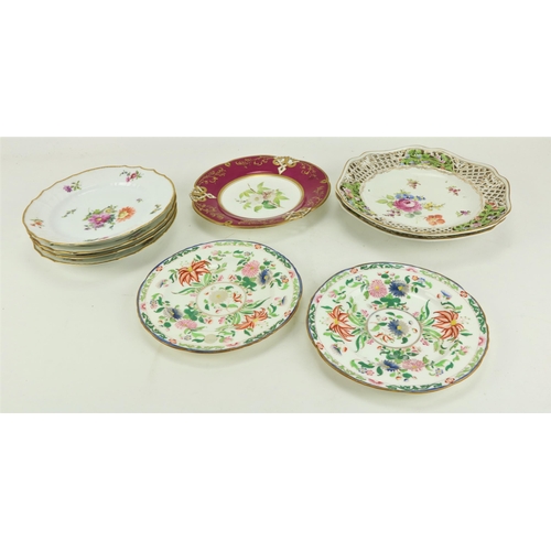 87 - An attractive set of 4 Royal Copenhagen floral decorated Plates, with gilt rims; a larger pierced Co... 