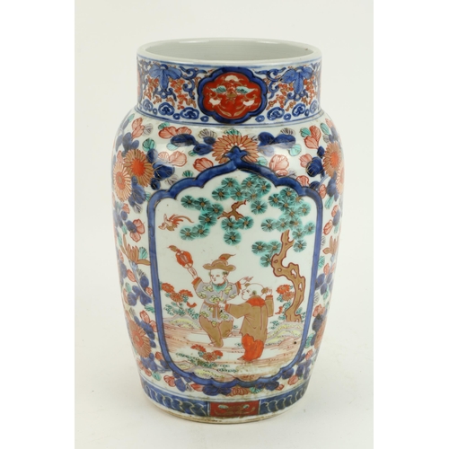 90 - A 19th Century Imari porcelain Vase, the overall floral decoration with two panels, figures in a lan... 