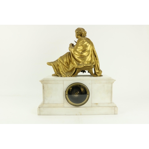 95 - A heavy Victorian white marble Mantle Clock, of breakfront outline and with large gilt metal figure ... 