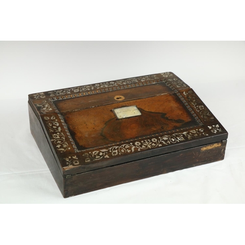 239 - A 19th Century rosewood and mother-o-pearl inlaid Ladies Writing Slope, with inscription 'Sarah Haug... 