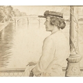 Raymond McGrath, Australian/Irish (1903-1977)“Lady standing on a Bridge, (possibly Kew Bridge toward... 