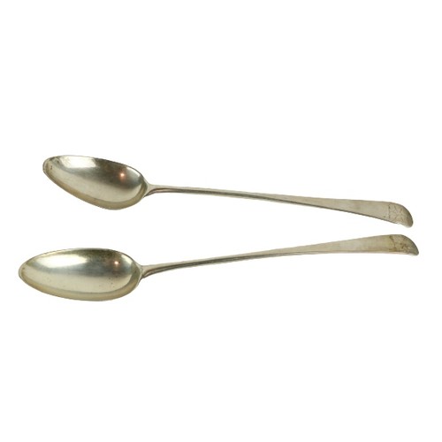 671 - A pair of silver Serving Spoons, London 1774-5, John Loutier?, 28cms long. (2)