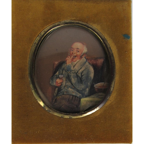 806 - 19th Century English SchoolMiniature: 'Portrait of Man seated by a Table holding a Glass,' watercolo... 