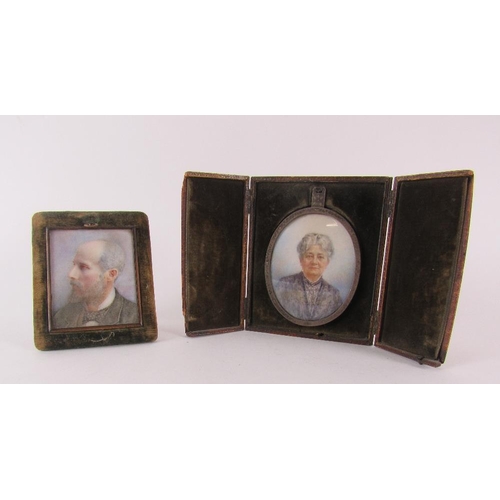 807 - English Edwardian SchoolA large painted oval miniature of 'An Elderly Lady,' on bone, in leather fra... 