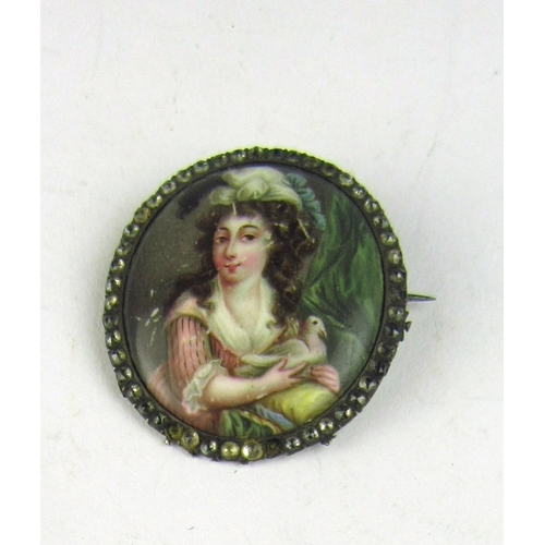 821 - 18th Century French EnamelMiniature: A fine small circular Brooch, with painted scene of 'Young girl... 