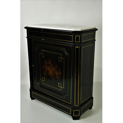 979 - A 19th Century ebonised Side Cabinet, the shaped top with white marble inset, the frieze with brass ... 