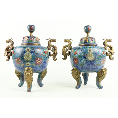 132 - A pair of 19th Century Chinese cloisonné dragon handled blue ground and floral decorated... 