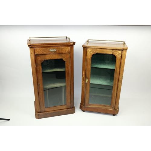 205 - Two similar Victorian inlaid walnut Music Cabinets, each with a three-quarter tubular brass gallery ... 