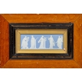 A large blue and white Jasperware Wedgwood Panel, with dancing classical women in relief, 15cms x 47... 