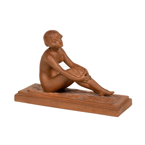 241 - An Art Deco Figure, of a seated nude girl on rectangular stepped base, signed Pozzi, 14